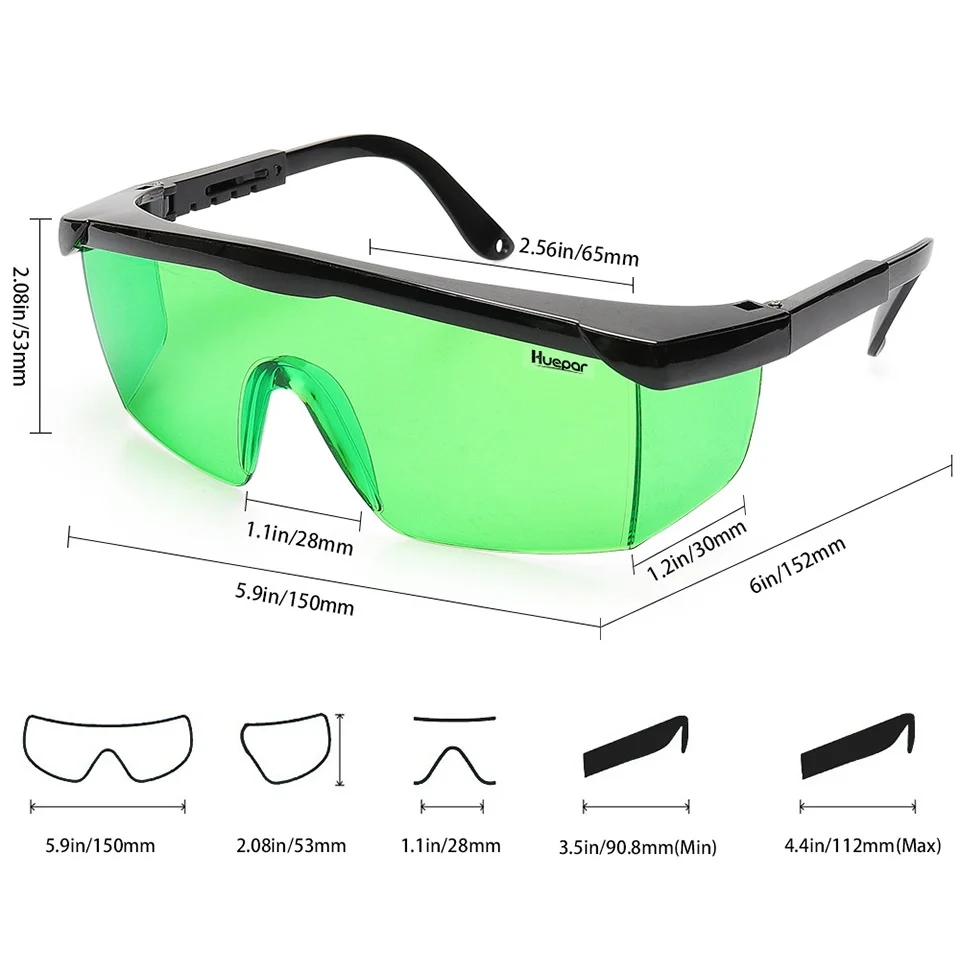 Huepar Safety Laser Enhancement Glasses Green Adjustable Protection Eyewear Goggle Glasses With Hard Case For Line/Rotary Lasers