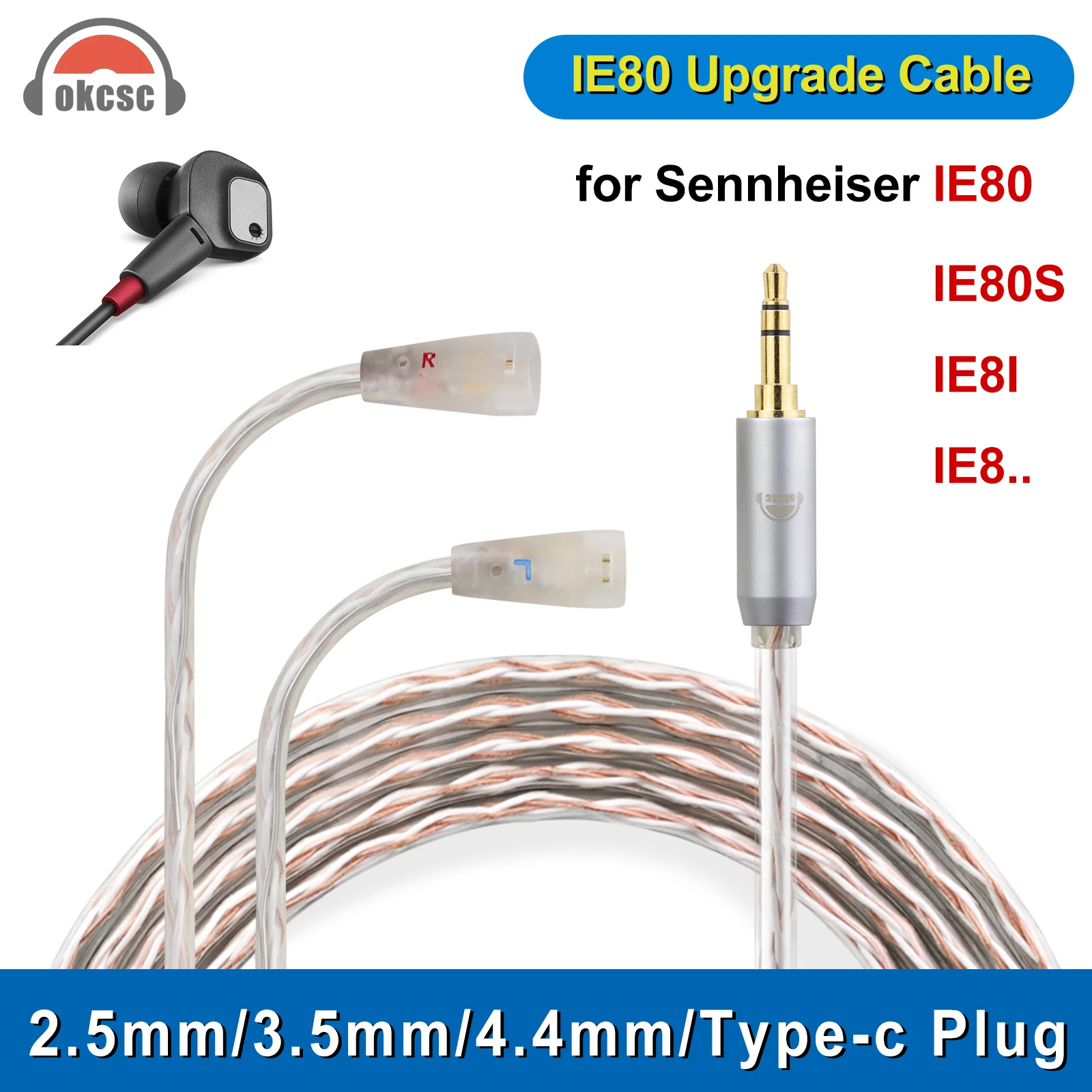 

OKCSC SENNHEISER IE80 Earphone Cable for SENNHEISER IE80S IE80 IE8I IE8 2.5/3.5/4.4/Type-c Plug Upgrad Silver Plated Audio Cable