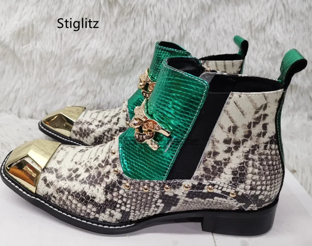 

Мужские ботильоны «Челси» со змеиным узором, мужские ботинки из натуральной кожи с квадратным носком и металлической цепочкой, деловая обувь разного цвета