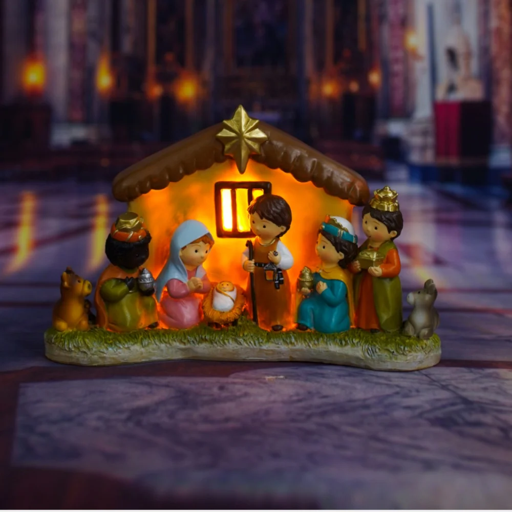 Christmas Decoration Nativity Scene Christmas Ornament Indoor Nativity Crib Manger Baby Jesus Statue Figurines Holiday Gift