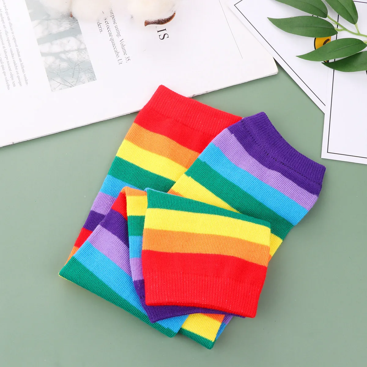 2Pairs Rainbow Stripes Calf Sleeves Colorful Knee High Socks Stretchy Breathable Long Elastic Tube Stockings Cosplay Party Dress