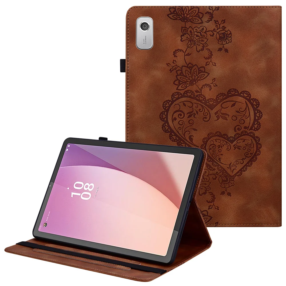 For Lenovo Tab M9 TB-310FU Leather Case Heart Imprint Foldable Stand Card Slot Stylus Holder Tablet Cover - Brown