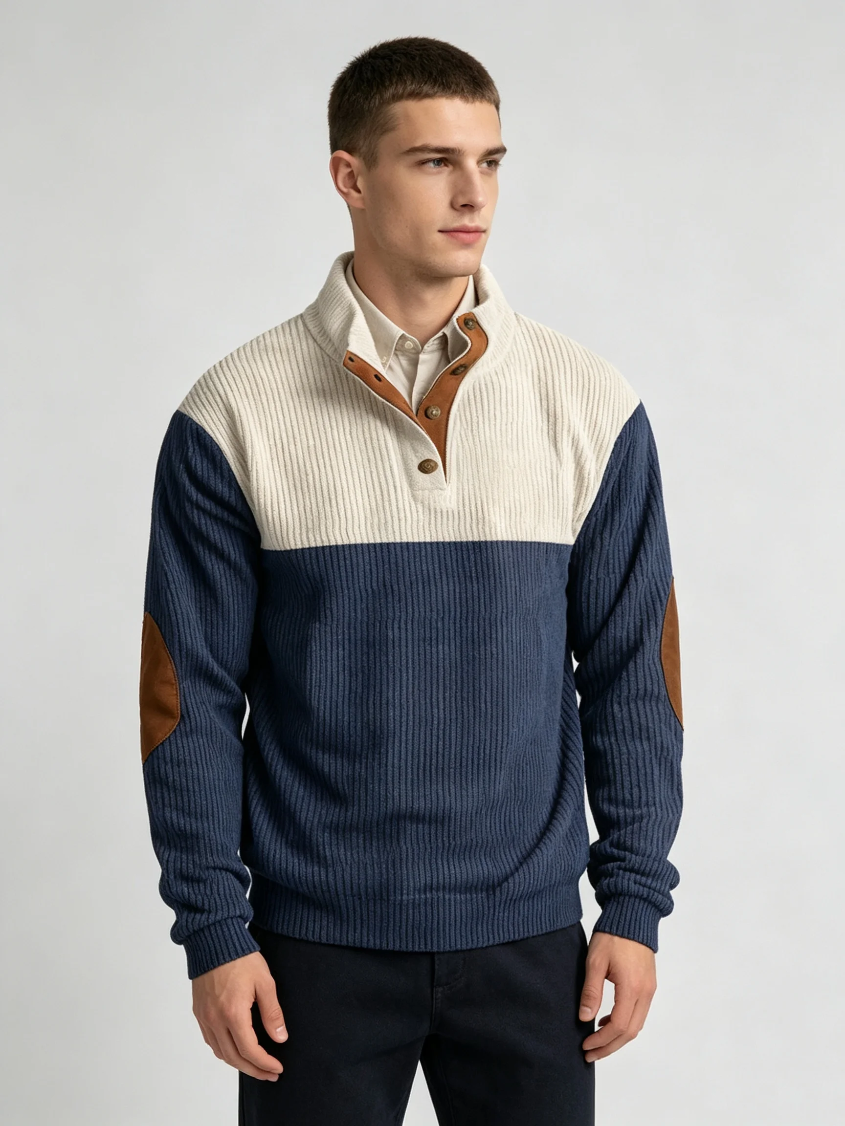 Suéter de punto para hombre, color beige marino, con cuello alto, corte regular, tejido suave y cálido, informal, con botones, para todas las estaciones.
