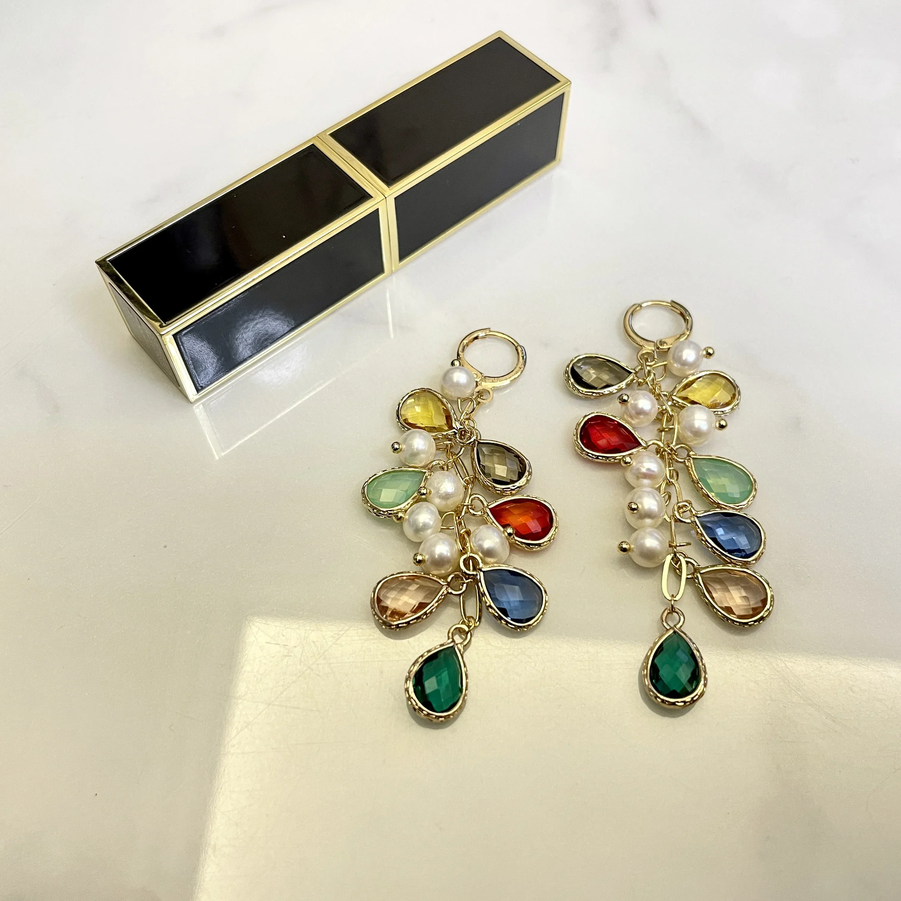 GLSEEVO 925 Silver Colorful Water Drop Pearl Woman Earrings Korea Metal Chain Exquisite Personality Temperament Banquet Jewelry