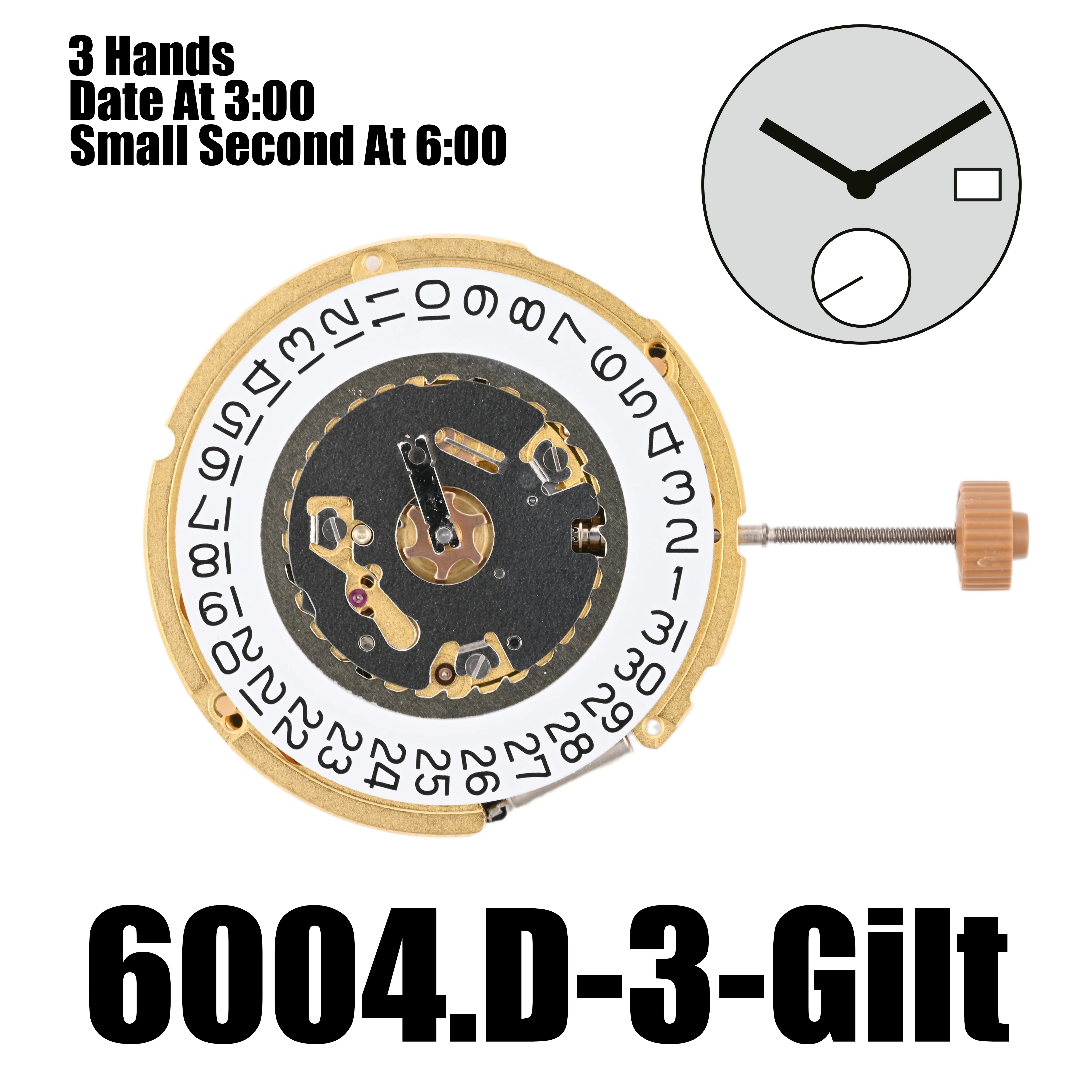 6004.D Movement Ronda 6004D Movement Five Jewels Size：2.5 mm 11½''', 25.60 mm 2 hands Small second at 6:00 Date at 3:00