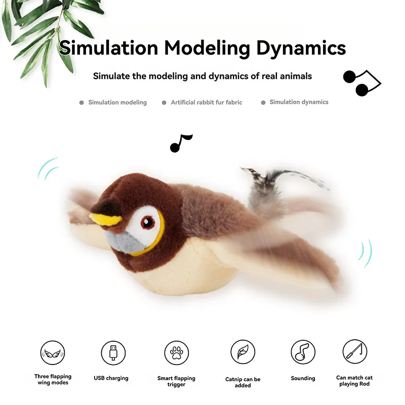 전기 봉제 고양이 장난감 실내 USB 충전식 음악 펄럭이는 새 인터랙티브 고양이 장난감, 자동 티징 스틱, 애완 동물 용품