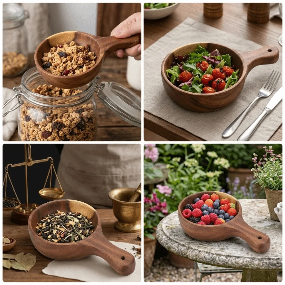 Sichere Schüssel aus massivem Holz für Kimchi, runde Schüssel, dicke Schüssel für Instantnudeln, Servierschüssel mit origineller Holzmaserung und Griff, für Snacks geeignet.