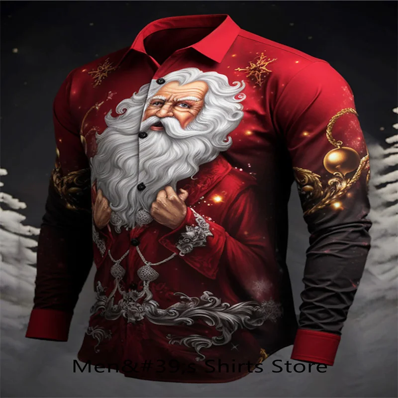 Santa Claus casual men's shirt for daily wear going out autumn and winter lapel long sleeve purple, green, burgundy