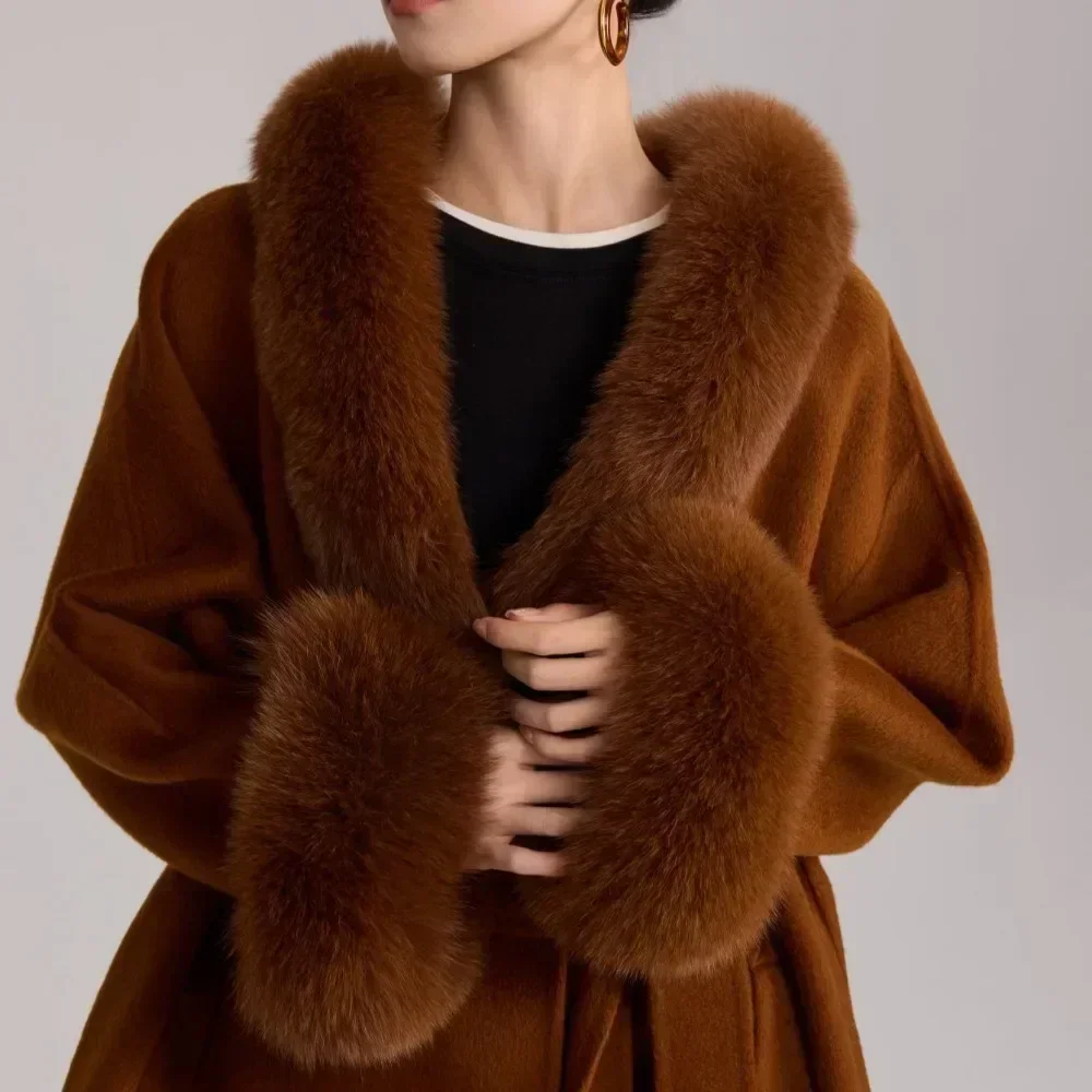 

Natural Fox Fur 2025 Wool Blend Coat Fur Jacket for Women Pockets Autumn Winter Collar Cashmere Woolen Real Fur Cuff Belt Coat