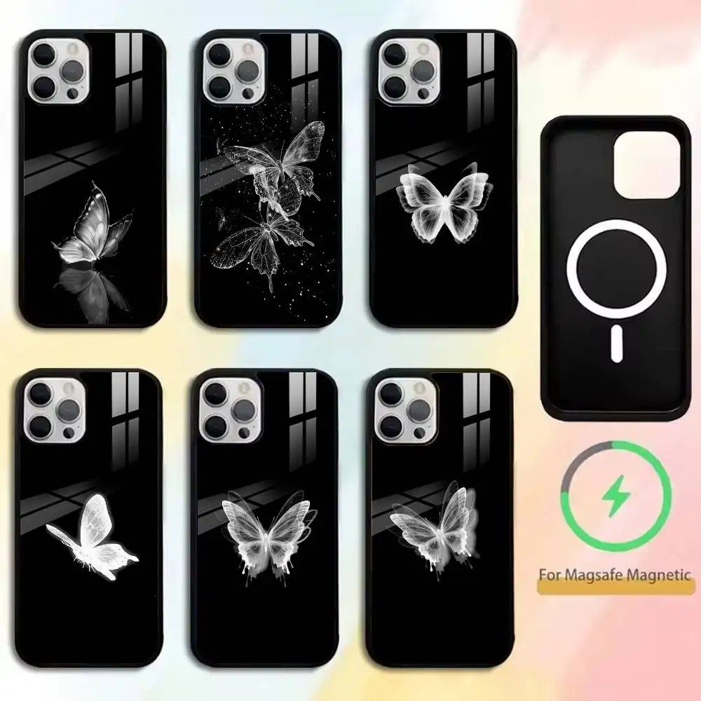 

White Butterfly Phone Case For iPhone17,16,15,14,13,12,11 Plus,Pro Magnetic with Magsafe Wireless Charging