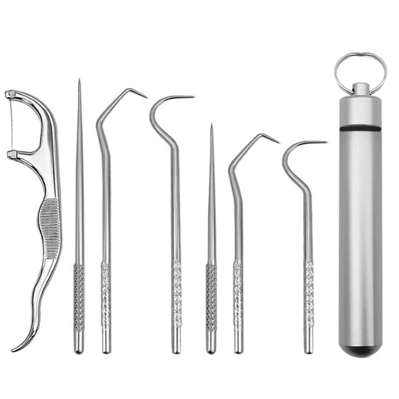 Juego de palillos de dientes de acero inoxidable, herramientas portátiles de limpieza bucal, artefacto de hilo dental, pícnic al aire libre, campamento, palillo de dientes reutilizable, 7 Uds.