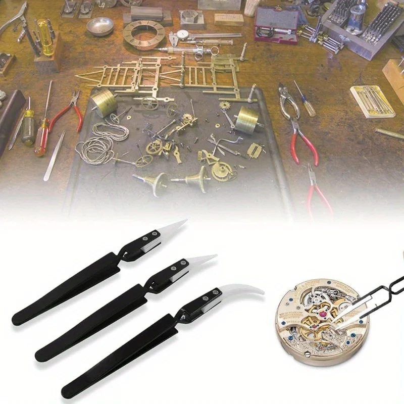 3-teiliges antistatisches Keramik-Pinzetten-Set, Edelstahl-Lötwerkzeuge mit umgekehrter Kreuzverriegelung und gerader, gebogener Spitze – Detail 2