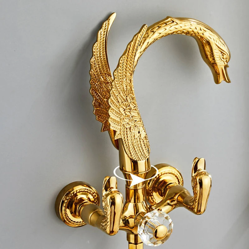 Exposed Antique Luxury Brass Shower Set 10 Inch Overhead Shower Head Gold Color Swan Shower Faucet