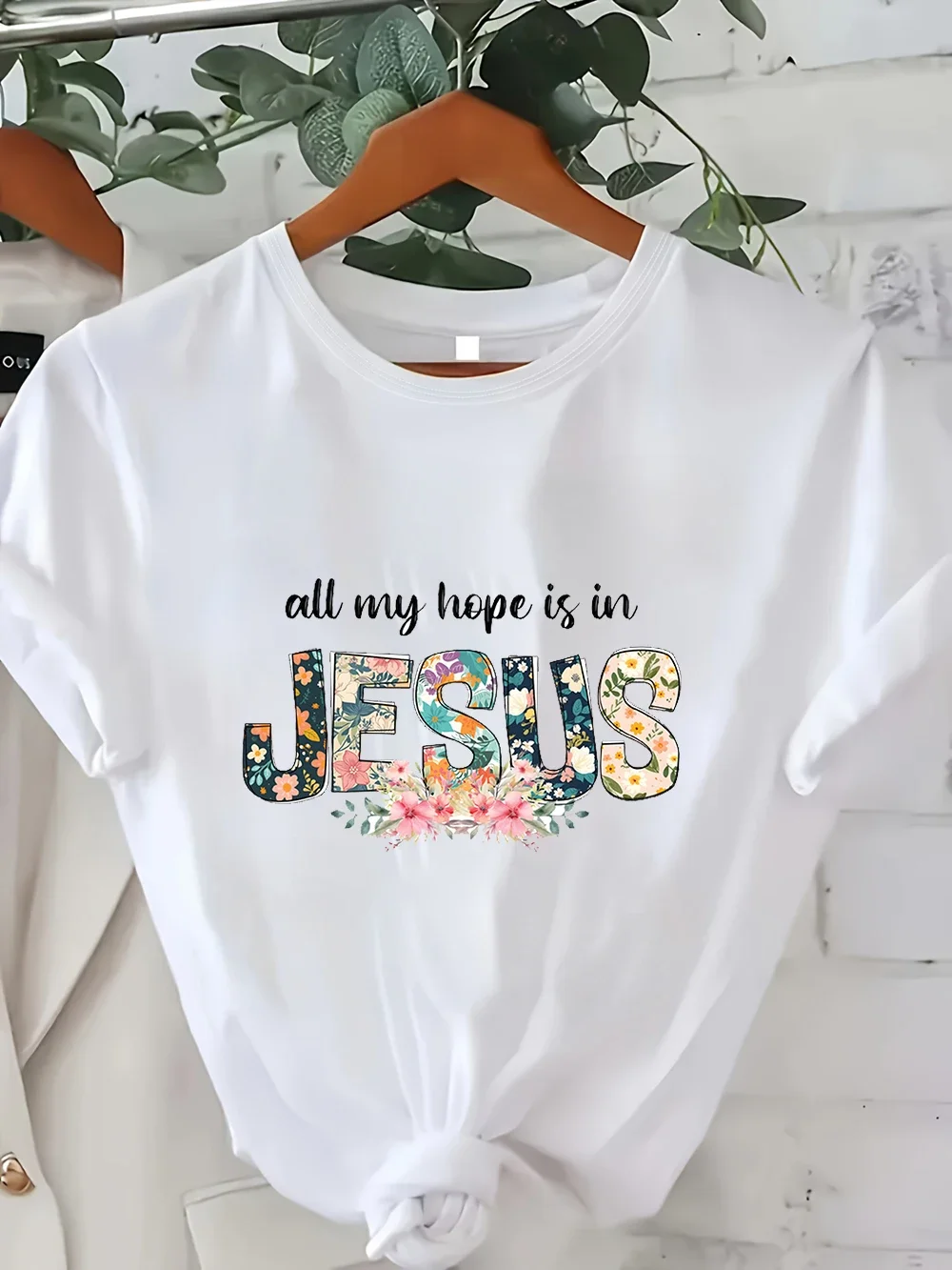 Casual Women Short Sleeve Clothes Tops Jesus Faith Hope Floral Arrow Printed Daily Wear Soft Stylish Basic Solid T-shirt