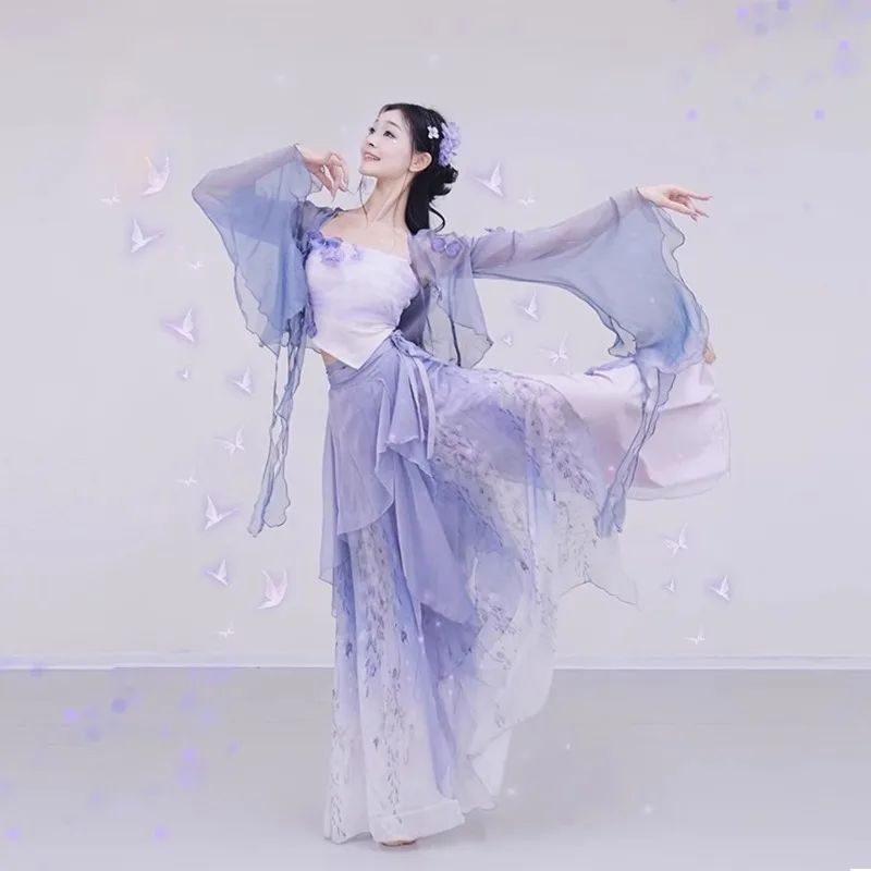 Classical Dance: Flowing Gauze Robes with Trumpet Sleeves, Draping Skirts, Performance Costumes, Training Suits