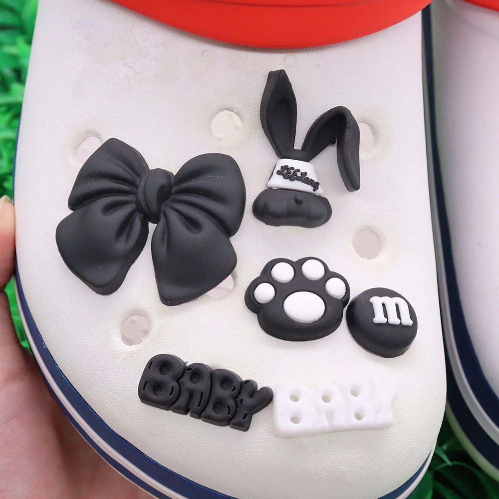 1-6Pcs Black Bowknot Rabbit Baby PVC Shoe Decorations DIY Wristbands Sandals Buckle Accessories Kids Girls Gift