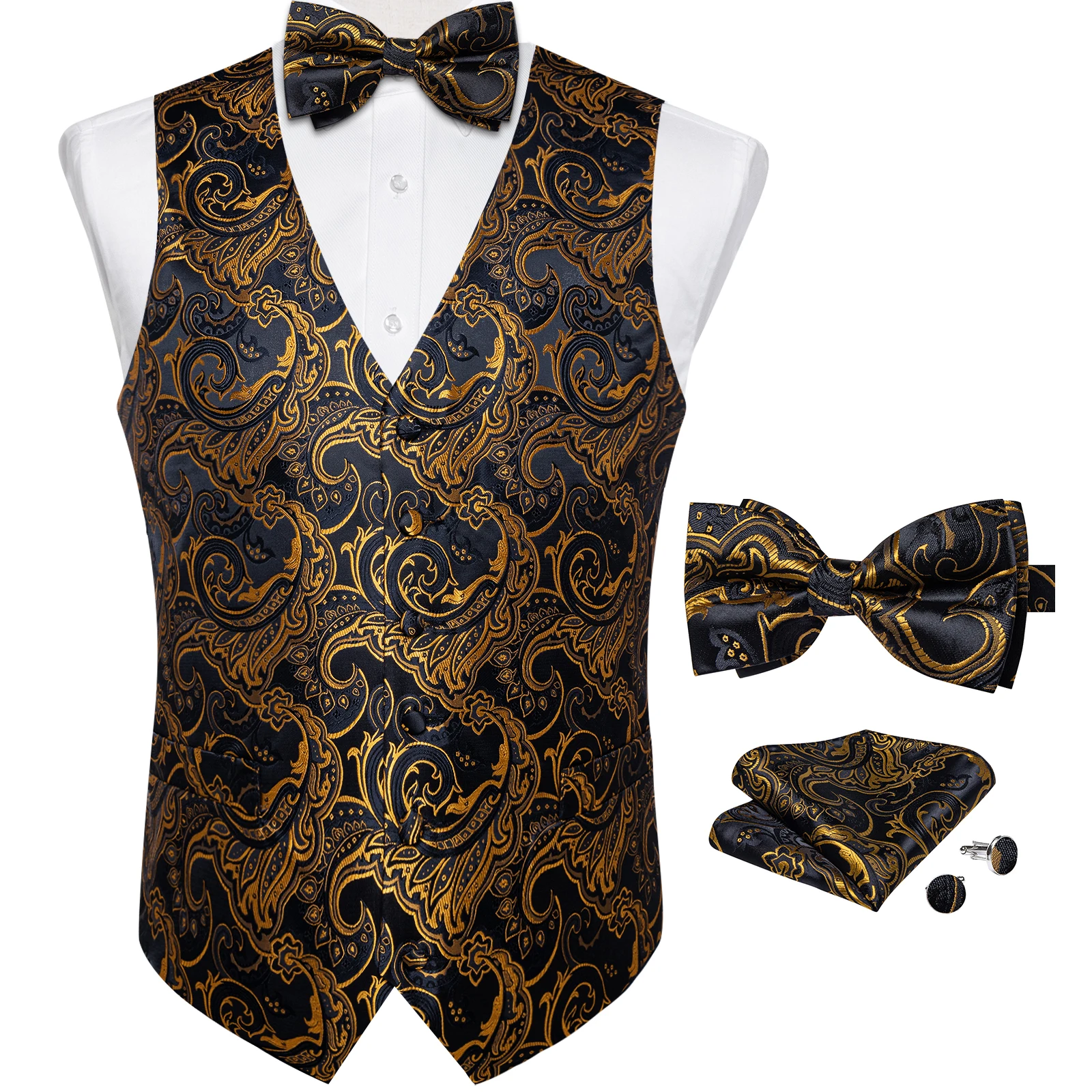 Luxury Golden Color Black Paisley Men\'s Suit Vest with Pre-tied Bow Tie Pocket Square Cufflinks Wedding Tuxedo Suits Waistcoat