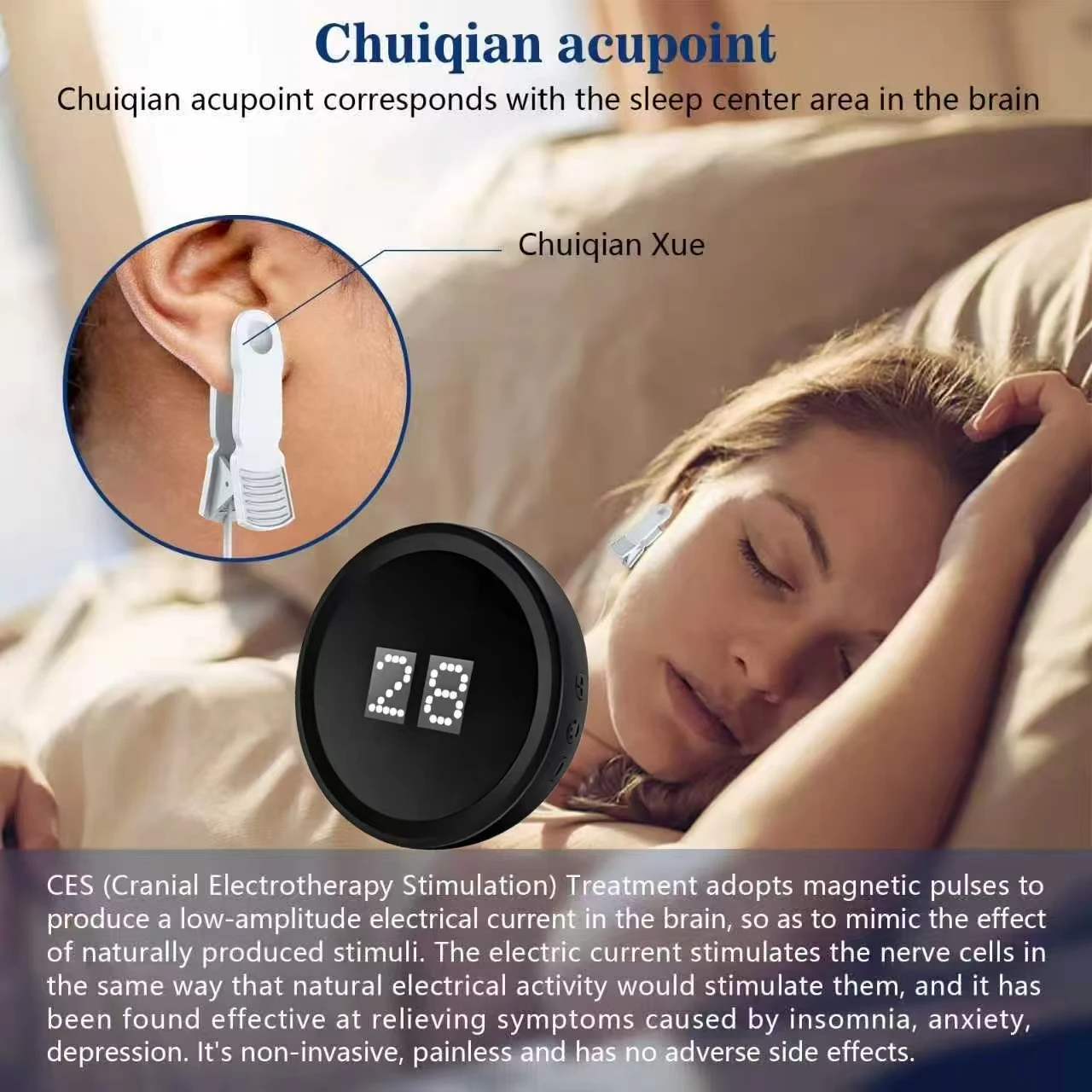 CES Brain Electronic Therapy Device, Ear Clip Electrode Stimulation Machine, Microcurrent Massager for Sleep Insomnia Anxiety