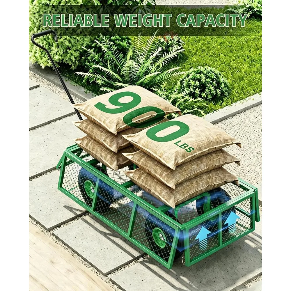 Four-Wheel Garden Cargo Cart Mesh Truck 900 LBS Capacity 2-in-1 Handle Driver Pushing Tool Cart for Outdoor Garden Work