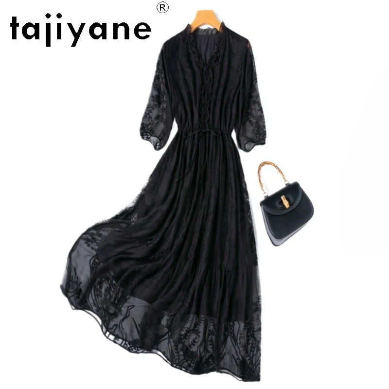 

TAJIYANE 100% Mulberry Silk Black Dress Women 2026 Elegant V-neck Long Dresses Birthday Frocks Summer Woman Clothing Vestidos