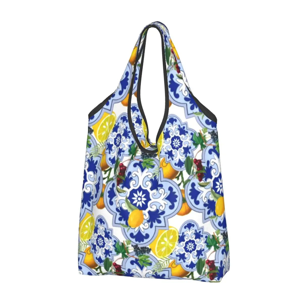 Funny Print Sicilian Summer Fruit Lemon Citrus Tiles Tote Shopping Bag Portable Shopper Shoulder Handbag