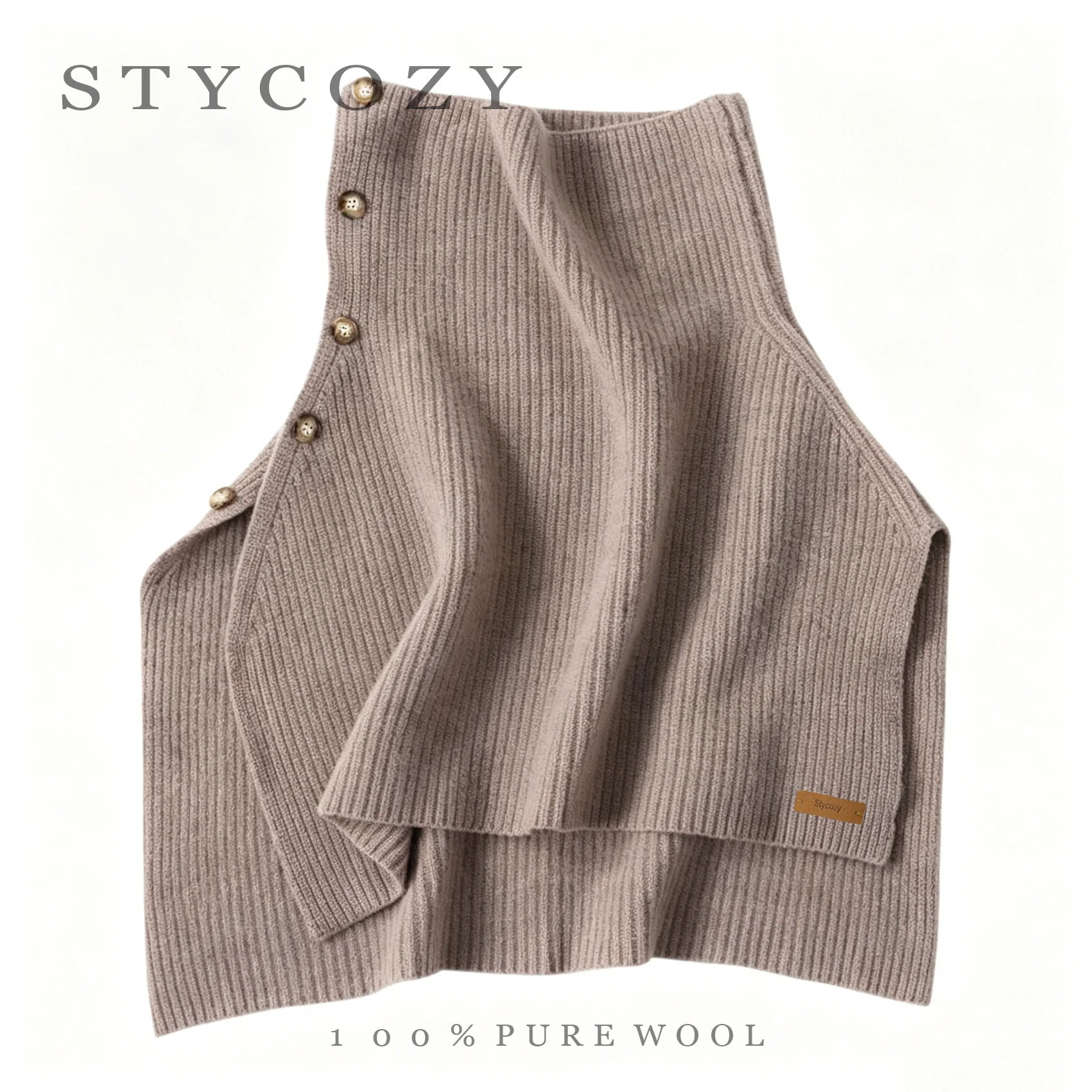 100% Wool Solid Color Buttoned High-Neck Split Poncho Pullover For Women Thick Knit Warm Shawl Versatile Scarf For Fall&Winter