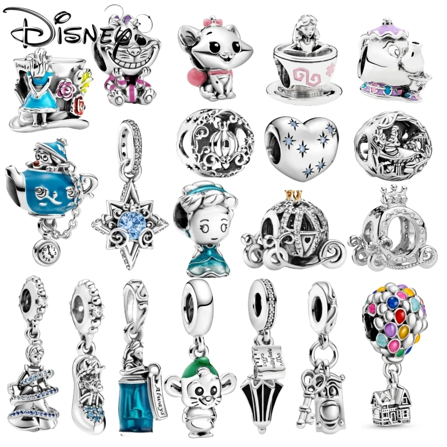 Disney-Charms Pequena Sereia Princesa para Mulheres, Prata 925, Pingente Copo Chá, Contas Alice, Se Encaixa Original Pulseira, Charme DIY, Presentes