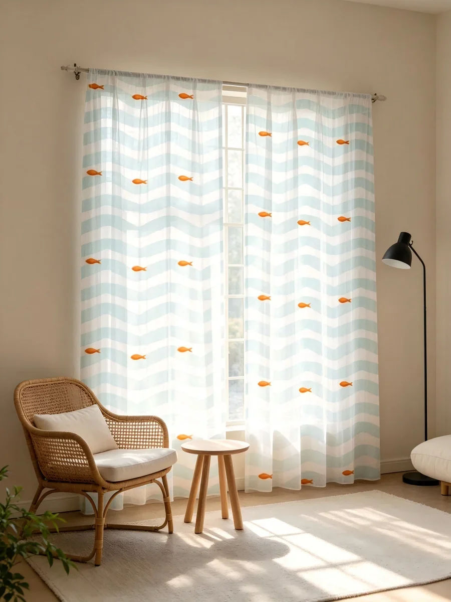 2PCS Digital Print Sheer Curtain, Ocean Fish Sea, Nautical Coastal Marine - Voile Drapes for Bedroom Living Room Decor