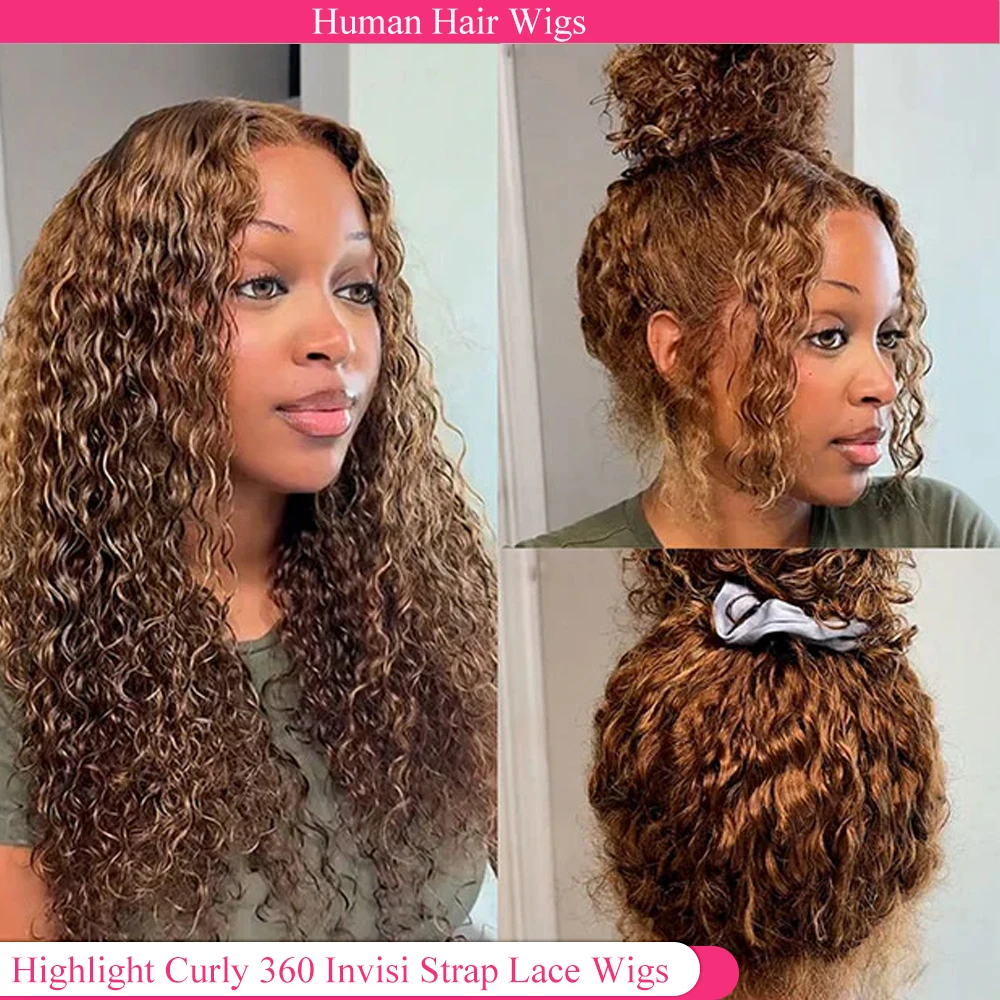 Highlight Invisible Strap HD 360 Full Lace Wig 250 Density Precut 360 Lace Front Wig Curly Drawstring Glueless Wigs Human Hair