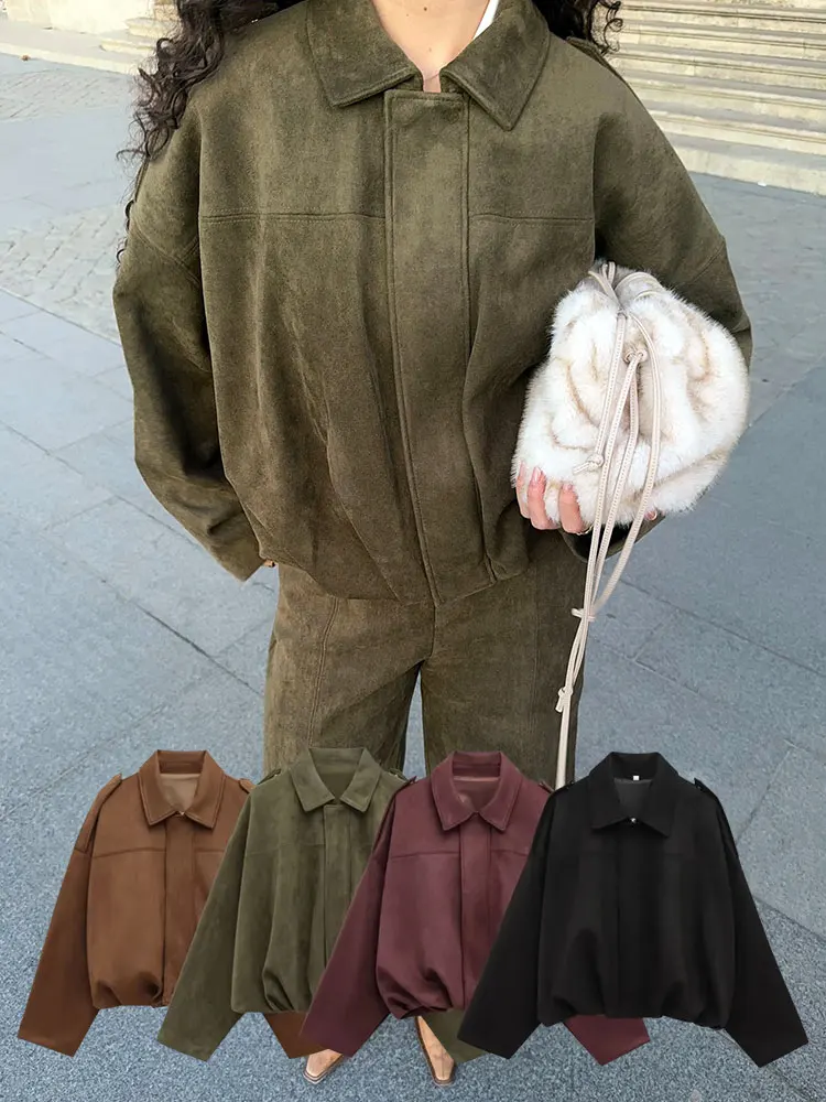 

HH Street Fashion Jackets For Women Long Sleeves With Zipper Solid Coats Suede Texture Lapel Elastic Hem Spring Retro Coats