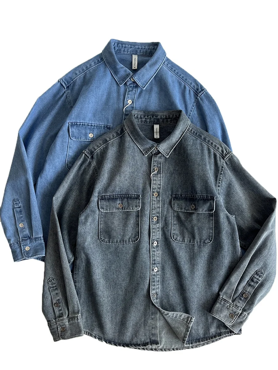 

Retro Workwear Long Sve Denim irt Men Autumn Waed Vintage Loose Collar Casual Outerwear Trendy Button Decor Cotton Pol...