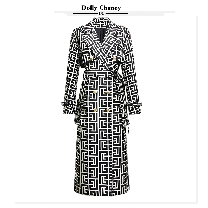 

Women's High-Quality Jacket, Black and White Printed Trench Coat, Senior citizen's Boutique Coat, Autumn and Winter, New Product