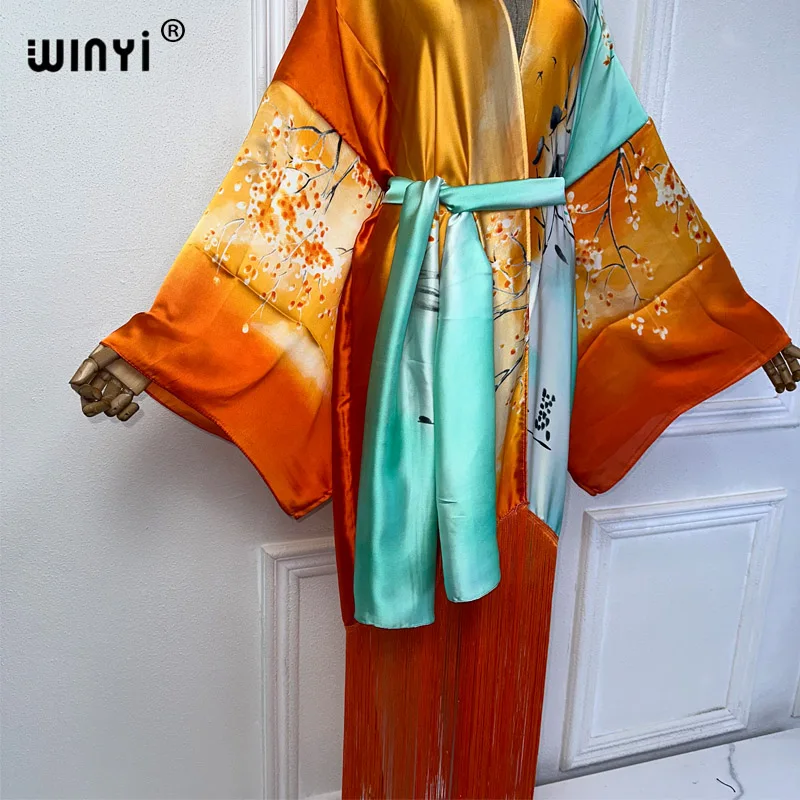 WINYI kimono boho summer dress beachwear summer bohemian print Bikini Cover-up Cardigan sexy Holiday long Sleeve tassels dress