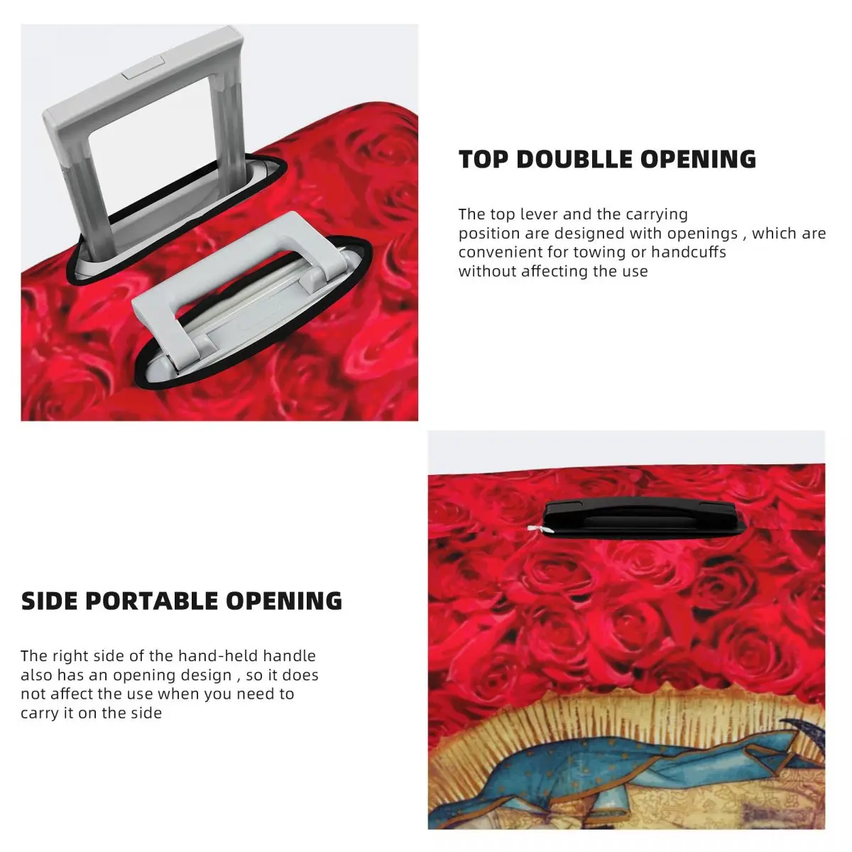 Aangepaste Guadalupe Maagd Maria met bloemen bagagehoes beschermer leuke katholieke reiskoffer beschermhoes voor 18-32 inch