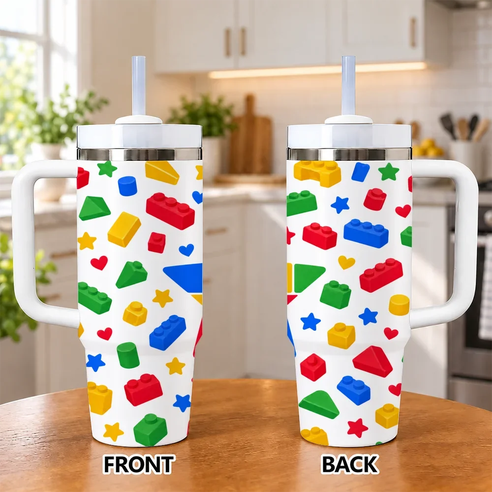 40oz Building Blocks Tumbler with Handle Straw Stainless Steel Insulated Travel Mug Colorful Toy Brick Gift for Kids