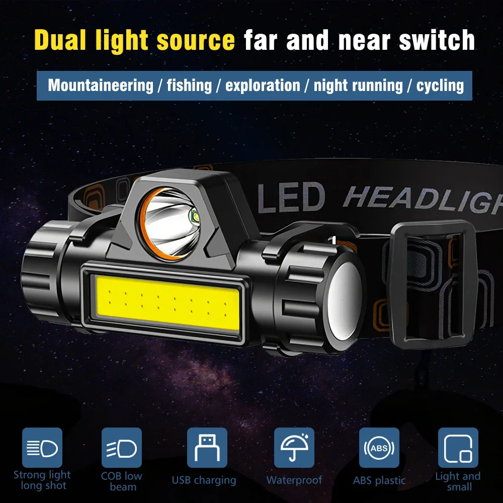 2PCS Headlamp with USB Fast Rechargeable Dual Light Source Multifunctional Headlight XPE LED Front Light for Working Fishing