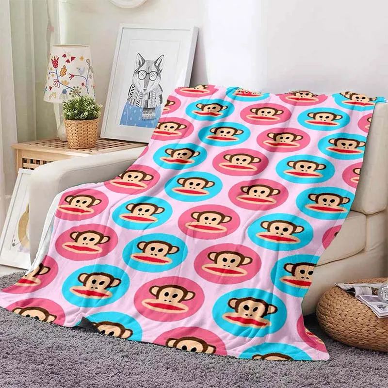 P-Paul F-Frank Monkey Face Pattern Flannel Blanket Ultra Soft Warm Throw For Couch Bedroom Kids Room Indoor Home Decor Gift