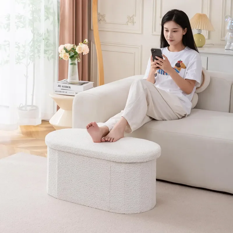Multifunctional Oval Storage Stool Living Room Cloth Folding Teddy Velvet Lazy Sofa Shoe Changing Bench