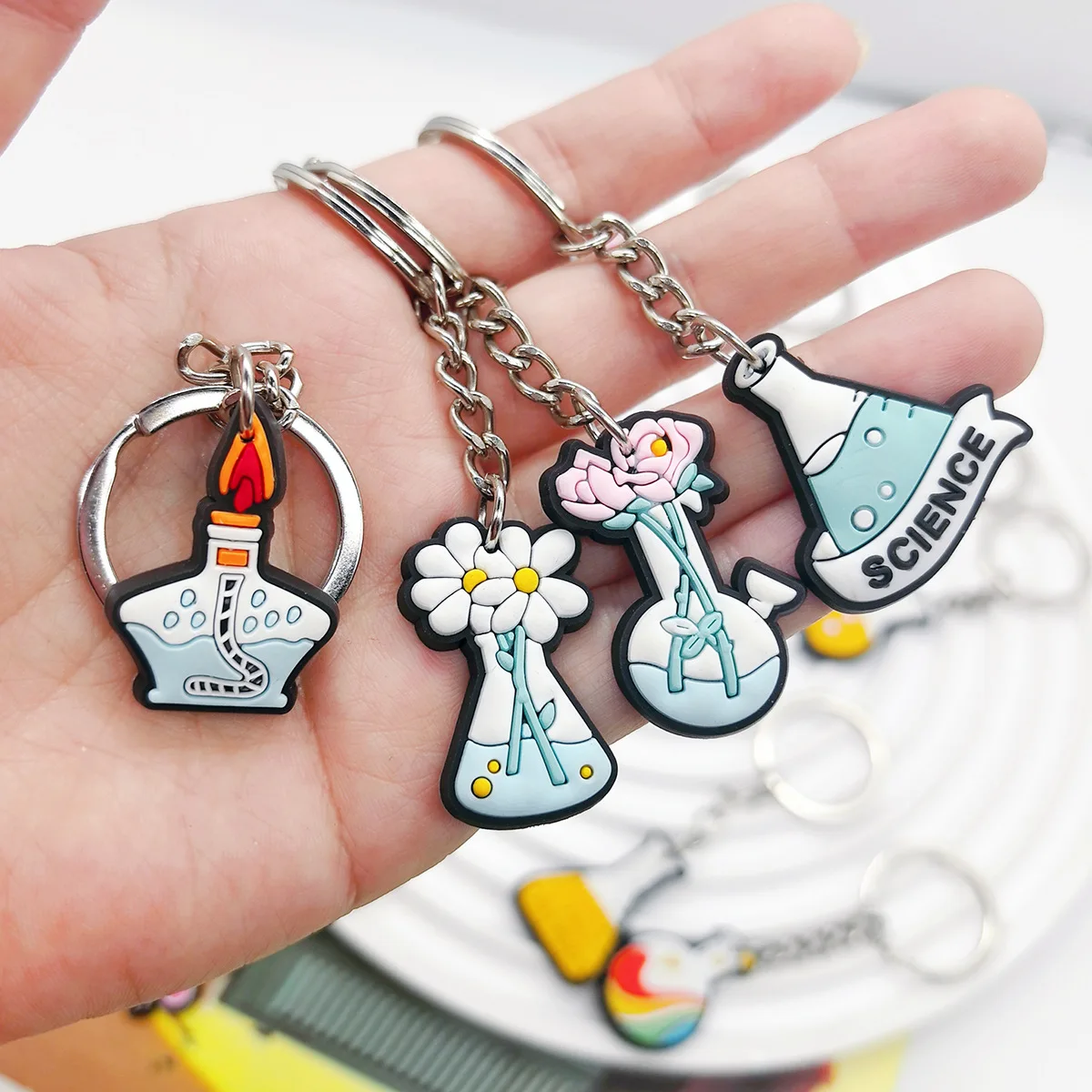 Hot Selling Cartoon Lab Science PVC Keychain Chemistry Theme Pendant Key Ring For Backpack Bag Science Lovers Small Present