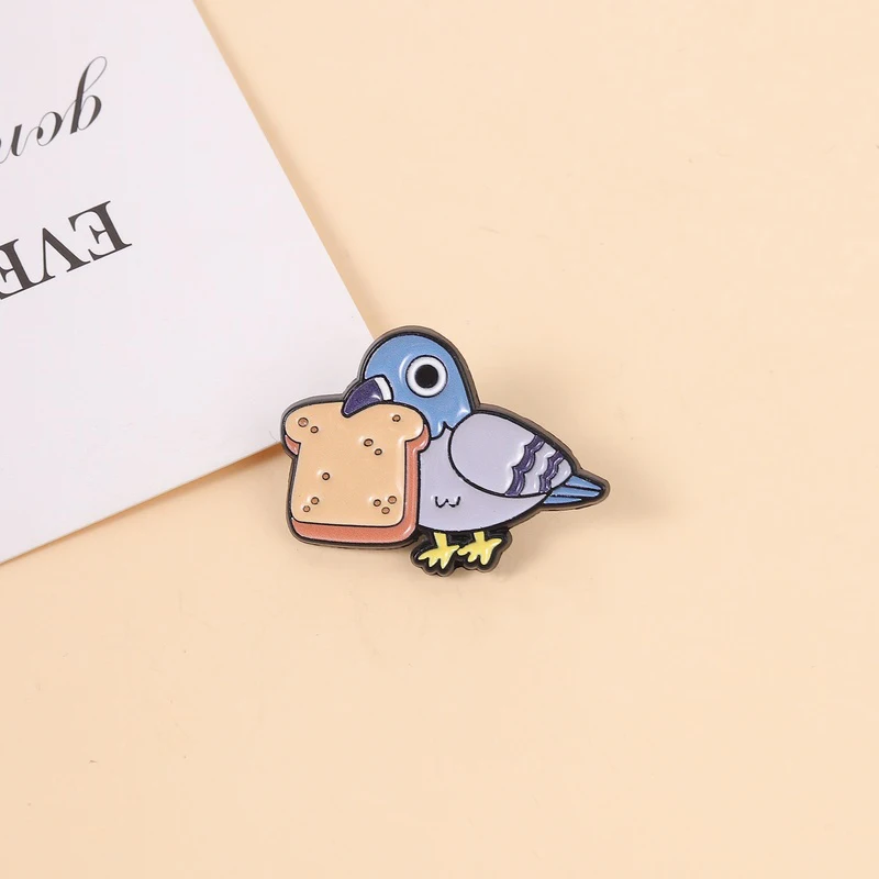 Cute Pigeon with Bread Enamel Pins Cartoon Funny City Bird Stealing Toast Brooches Jewelry Decor Lapel Badge Gifts