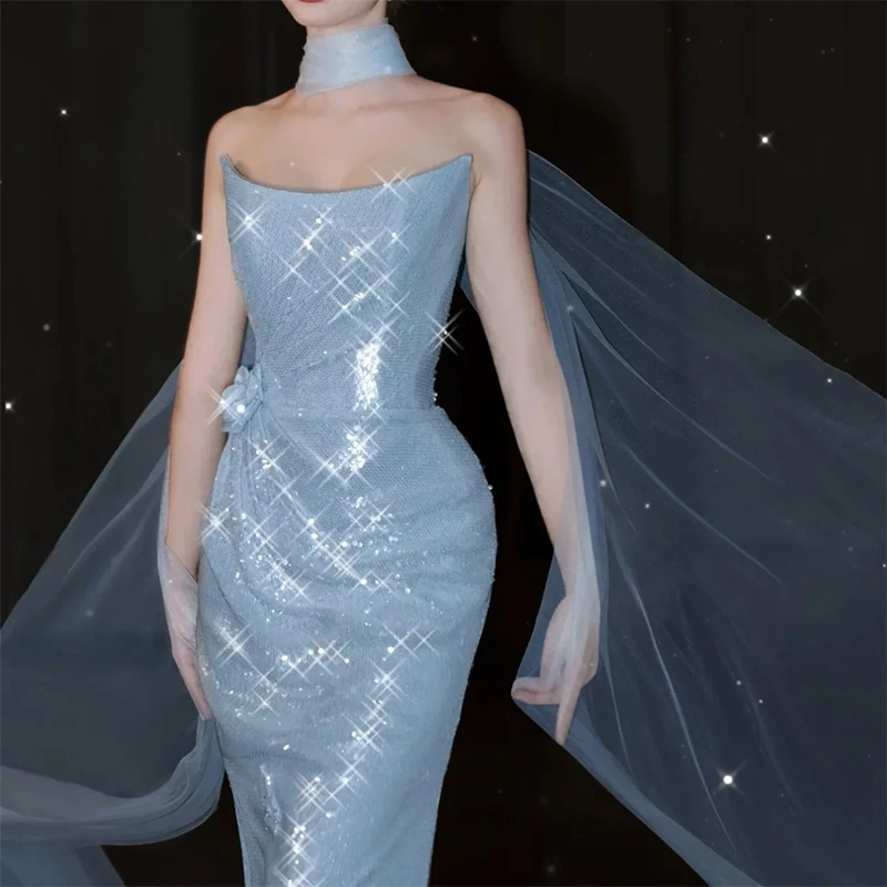 Exquisite Glitter Blue Strapless Formal Evening Dresses Mermaid Prom Dresses Customized robes de soirée