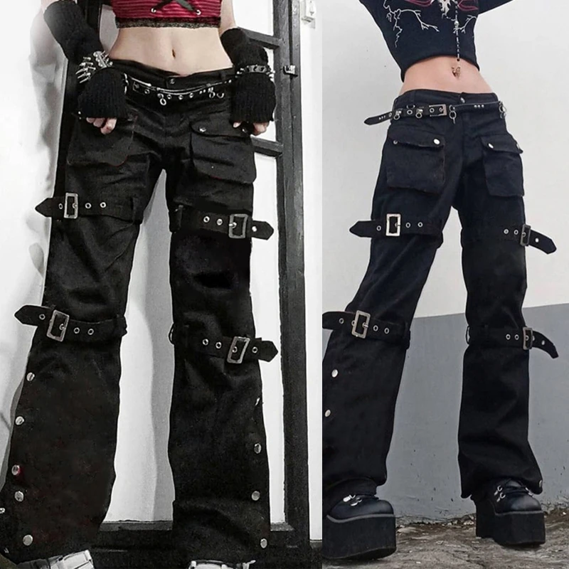 Women Black Cargo Jeans with Multi Pockets Metal Buckle Belt Straight Trousers P8DB