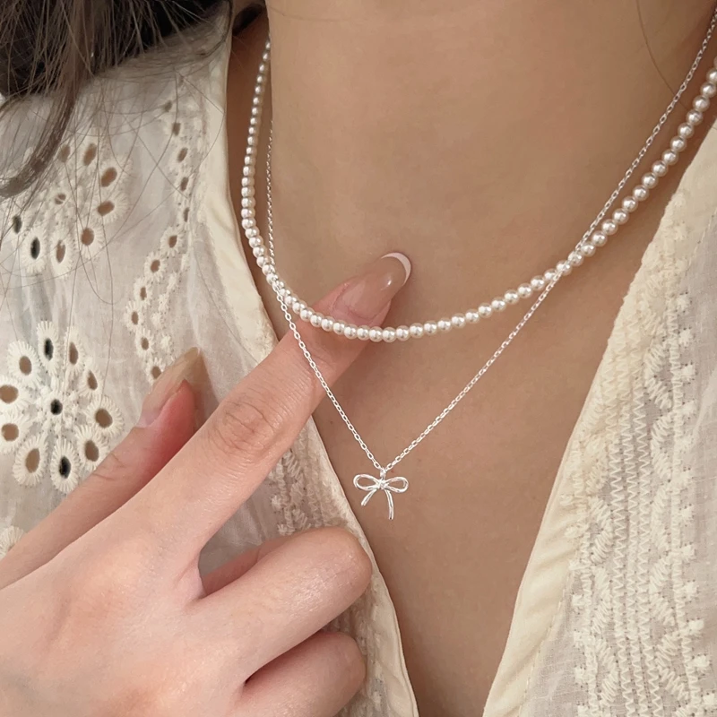 925 Sterling Silver Geometric Bowknot Necklace Clavicle Chain For Woman Simple Temperament Birthday Party Trendy Jewelry Gifts