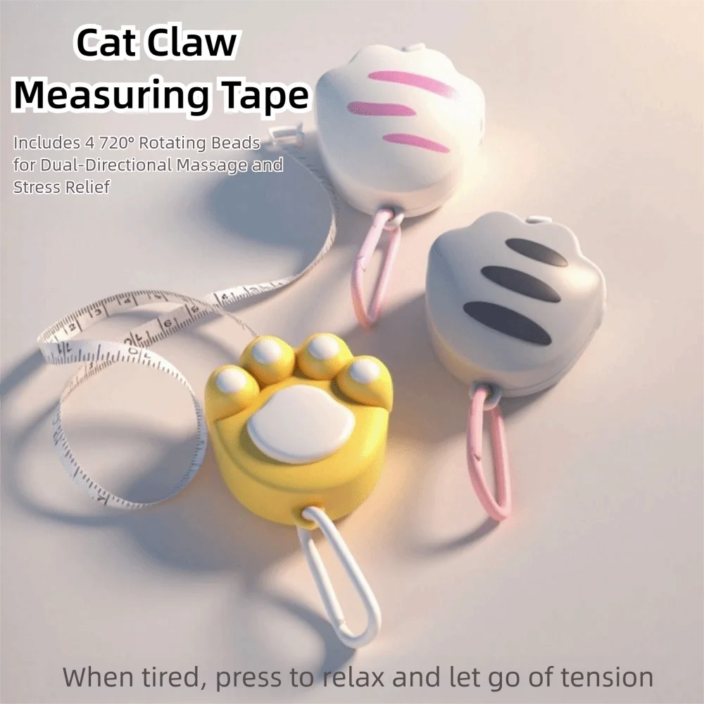 Cartoon Design Cat Claw Measuring Tape 4 Rotating Beads Double Scale Flexible Ruler Massage Toy Lovely Appearance with Carabiner