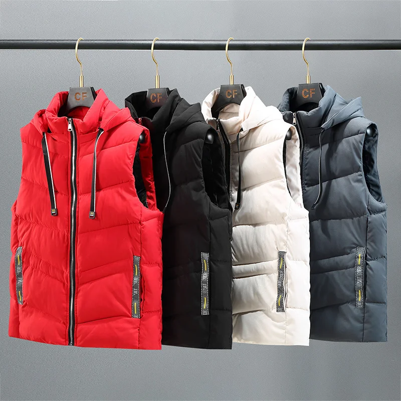 

Winter Men 2023 Hooded Vest Hat Detachable Thick Coat Solid Color Waterproof Male Comfortable And Warm Waistcoat Plus Size 5XL