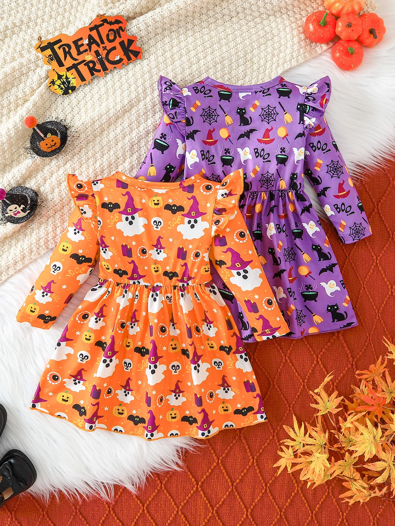 Girls Halloween Flutter Sleeve Dress, Kids Long Sleeve Ghost Pumpkin Print A-Line Party Dress Fall Holiday Outfit 1-3Y
