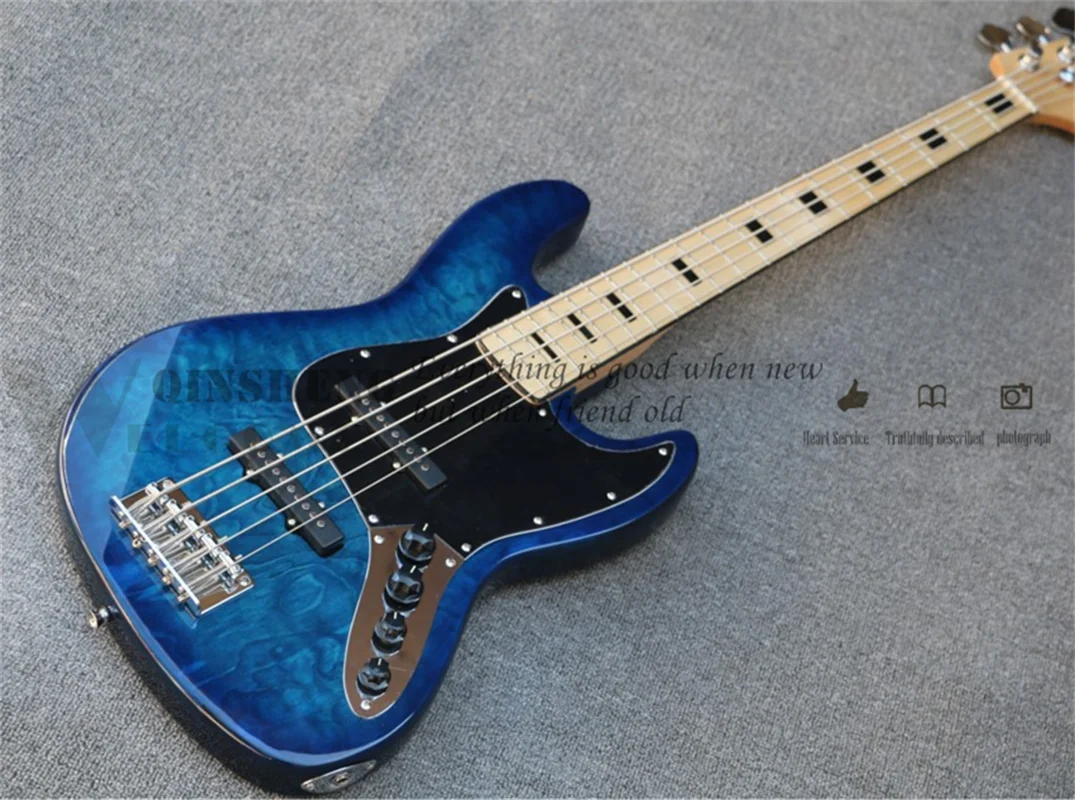 5 Strings Bass Guitar Jaz Blue Bass Mahogany Body Squilted Maple Top Maple Fingerboard Fixed Bridge Black Pickguard