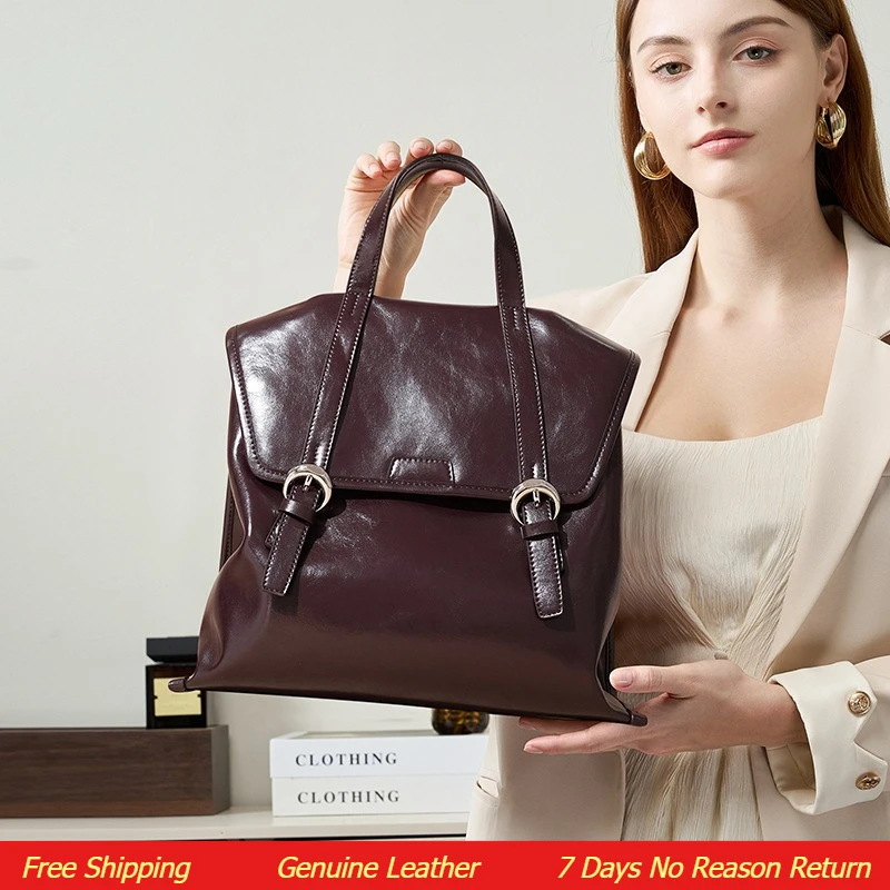 2024 New Fashion Genuine Leather Waxed Leather Handbag, Minimalist Commuter High-end Women Backpack for Students Daily Use