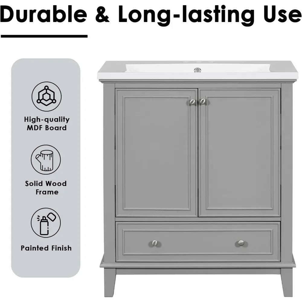 "30" Bathroom Vanity w/ Sink Combo - Multi-Functional Cabinet w/ Doors & Drawer, Solid Frame & MDF Board"​