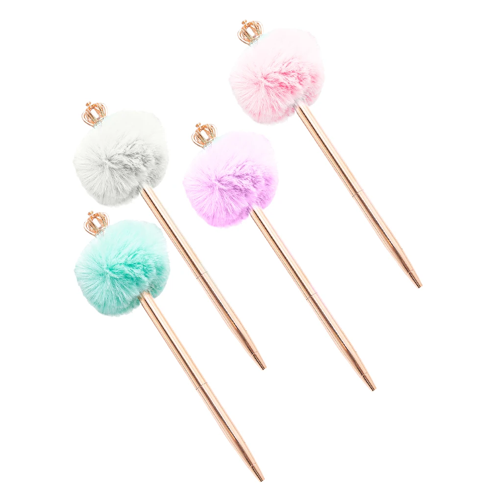 4Pcs Crown Hair Ball Pen Crown Plush Balls Ballpoint Pens Pompom Ballpoint Pens Guest Signing Pen Kawaii Girl Student Stationery